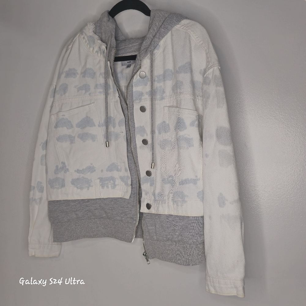 White and gray hooded denim jacket